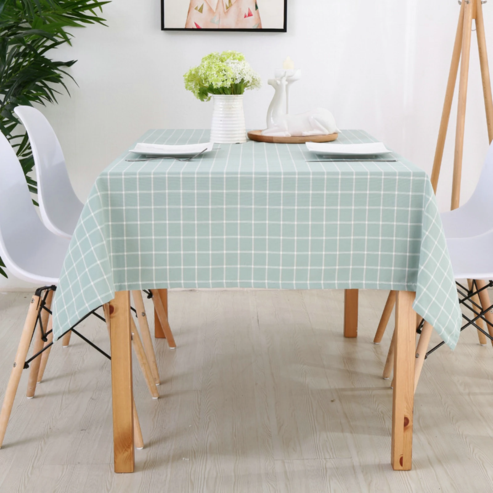 

Cotton Tablecloths, Waterproof Table Covers Plaid Pattern Cyan White Dining Table Coffee Table Deco
