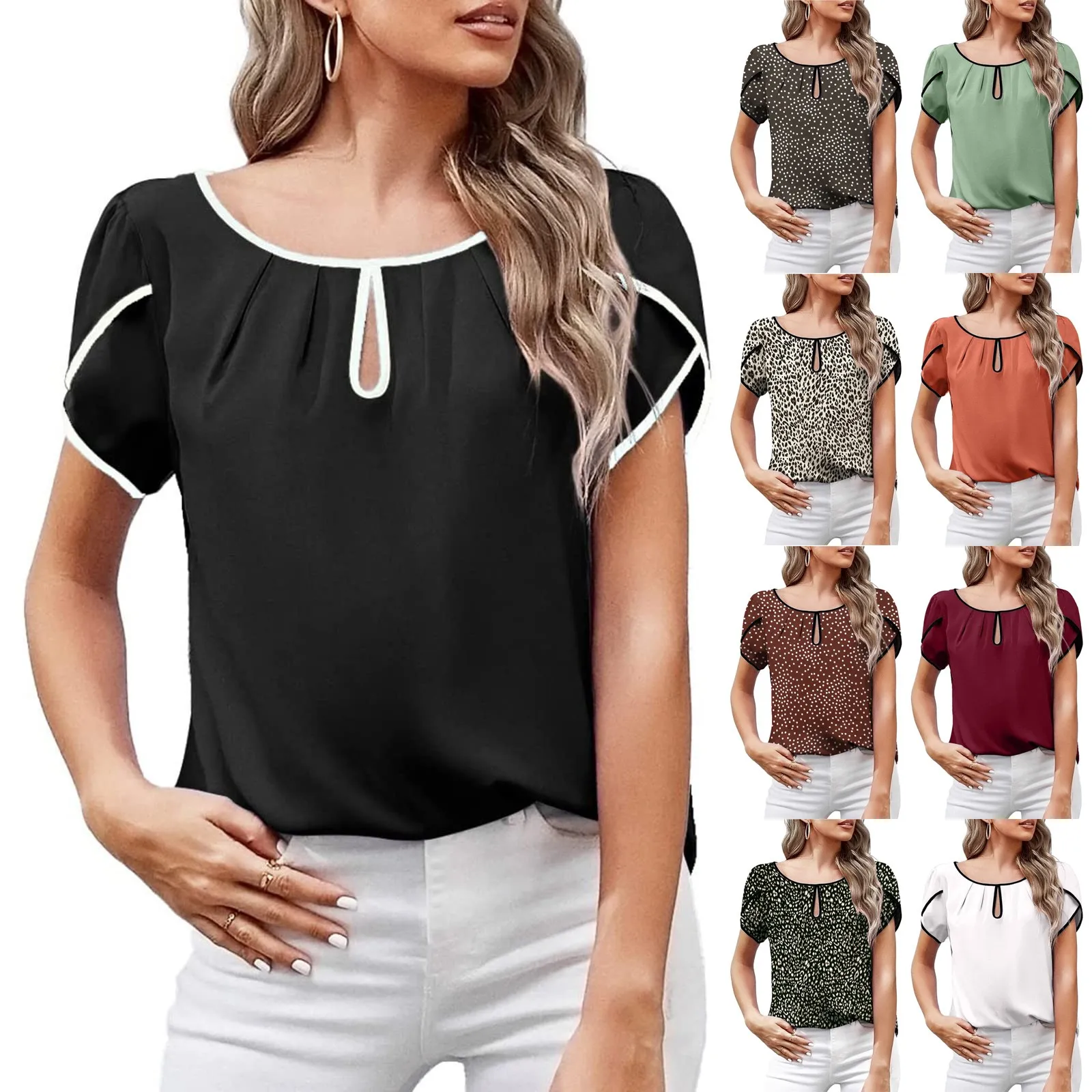 

Sexy Tee Top Women Summer T-shirt Ruffle Short Sleeve Scoop Round Neck Office Blouse Shirt Solid Color Футболка Оверсайз
