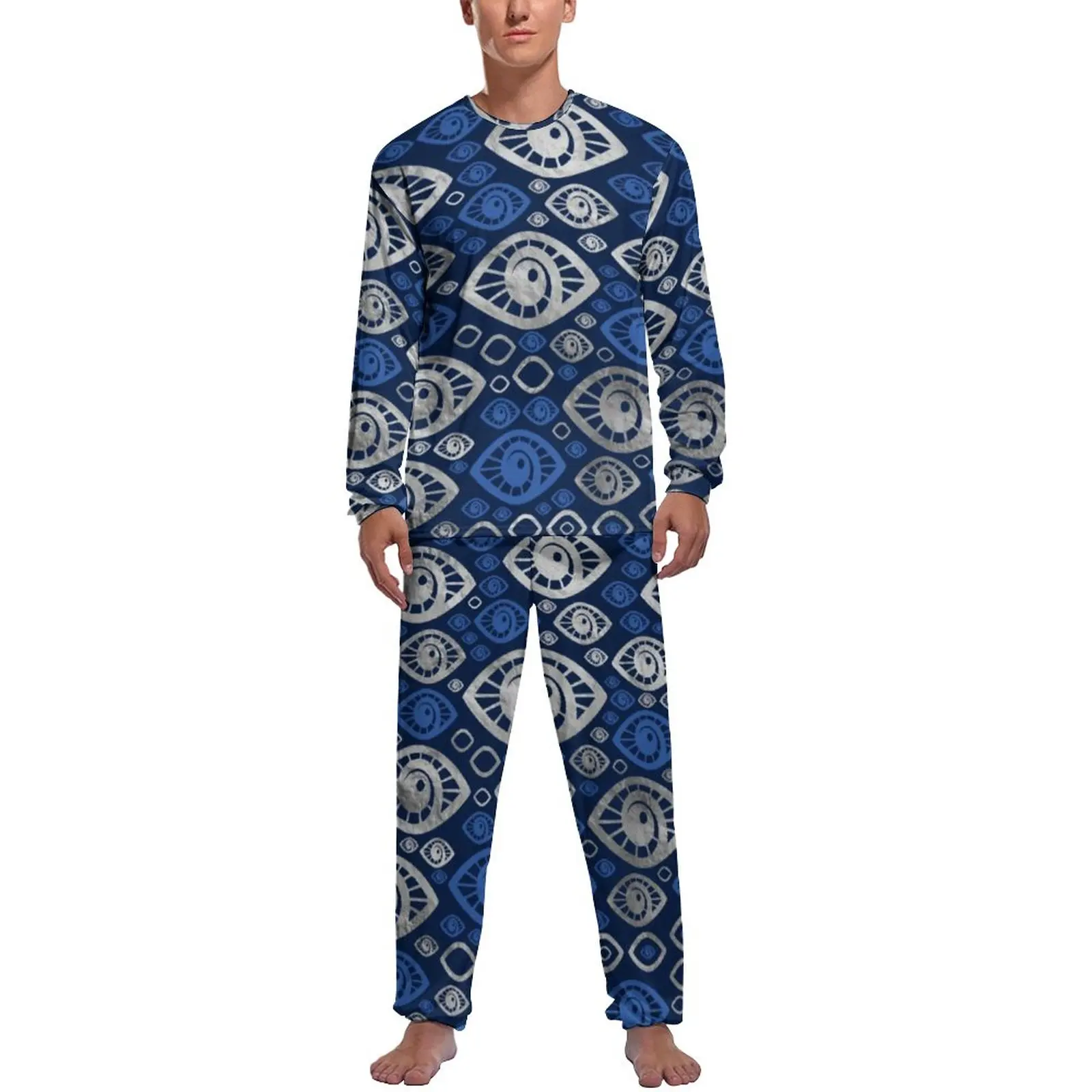 

Greek Amulet Evil Eye Pajamas Daily Blues and Silver Eyes Vintage Aesthetic Sleepwear Two Piece Custom Long Sleeve Pajama Sets