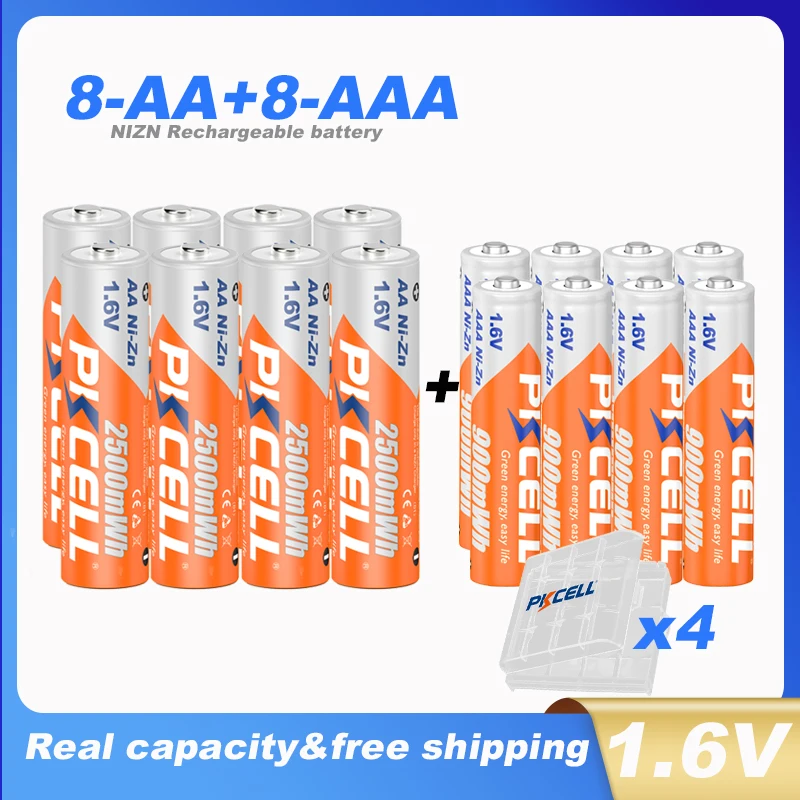 Фото PKCELL 8 шт. AA 2500 МВтч батареи + 8 шт. NI-ZN AAA батарея 900 МВтч 1,6 В NIZN AAA/AA перезаряжаемые батареи и 4 шт. держатель батарейного отсека №1