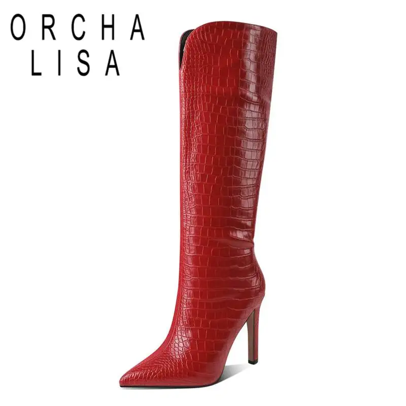 

ORCHA LISA New V Big Size 34-43 Knee Boots Knight Long 10cm Stilleto Heel Pull On Wide Leg Pointed Toe Women's Shoes Autumn