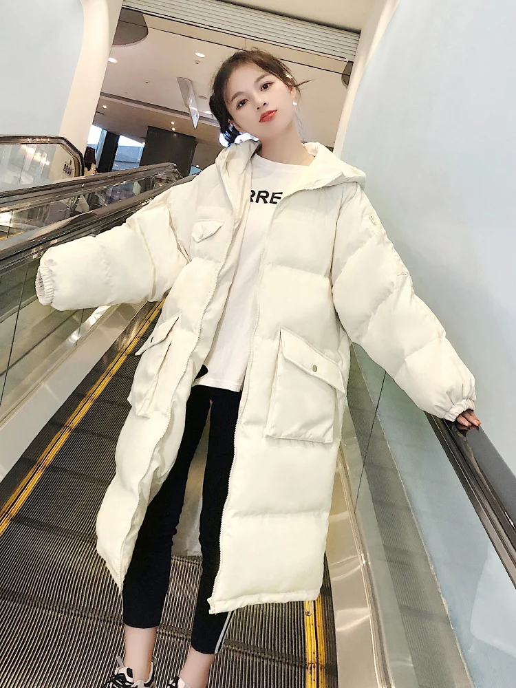 Winter Warm Cotton Jacket White 2022 New Women Thick Down Padded Jacket Korean Loose Mid-length Hooded Black Plus Size Overcoat
