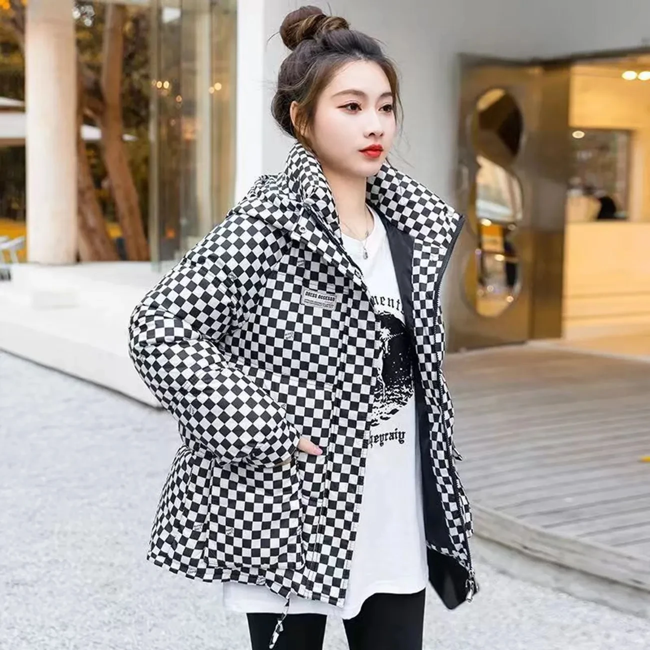 Down Cotton Jacket Women 2023 Autumn Winter New Checkerboard Hooded Short Padded Coat Female Fashion Loose Thicke Warm Parkas