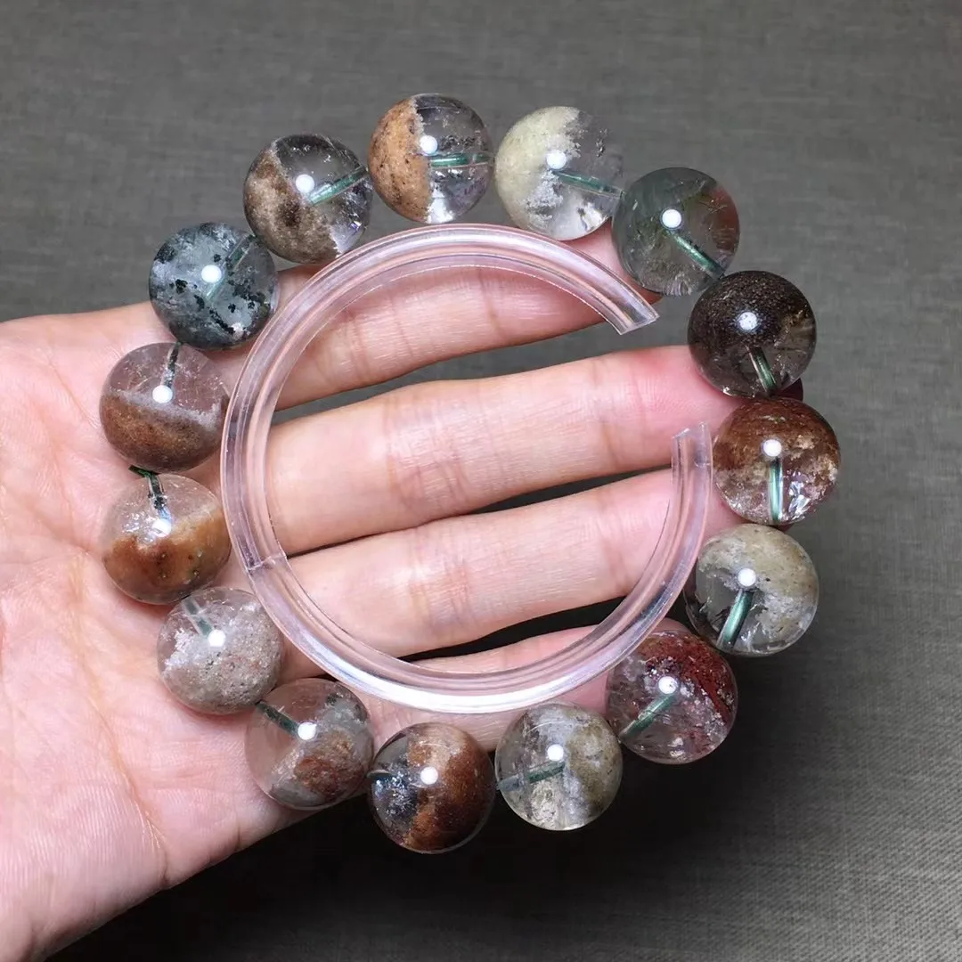 

15mm Natural Ghost Phantom Quartz Bracelet For Women Men Beauty Wealth Gift Crystal Colorful Round Beads Strands Jewelry AAAAA