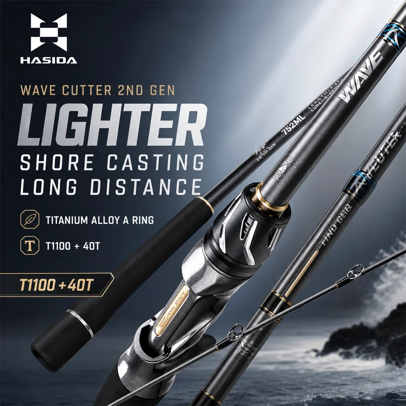 Фото Удилище HASIDA Wave Cutter Super Long Cast Lure Rod T1100 40T из высокомодульного углеродного волокна с рукояткой для спиннинга, для заброса с берега, для ловли морского окуня и щуки. №1
