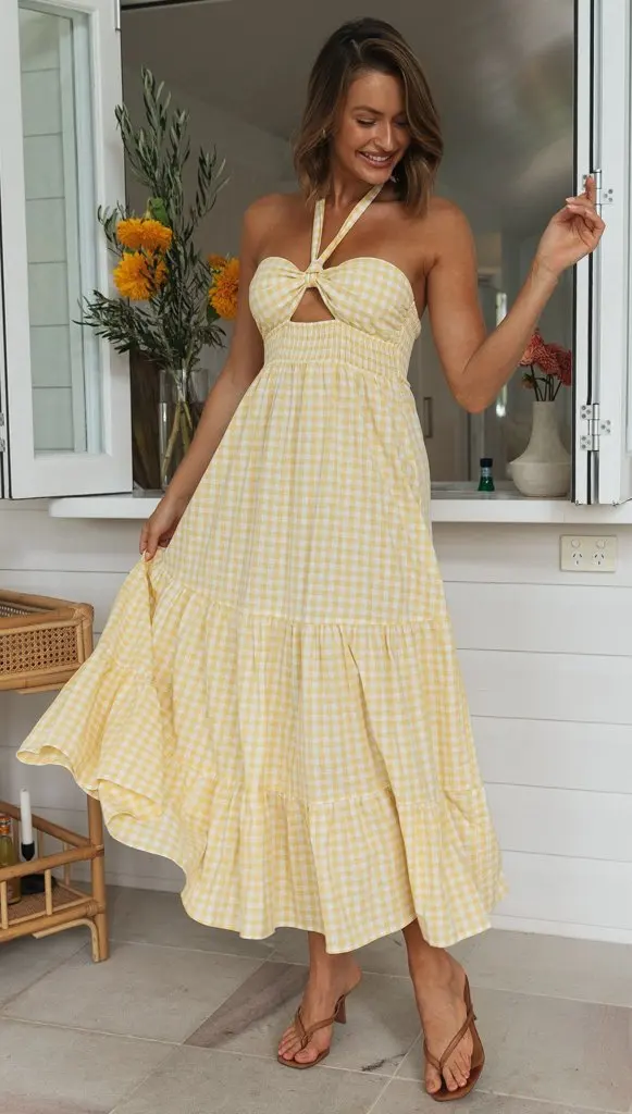 

WildPinky New Sexy Hollow Out Halter Plaid Party Dresses Women Summer High Waist Long Dress Female Backless Casual Beach Dress