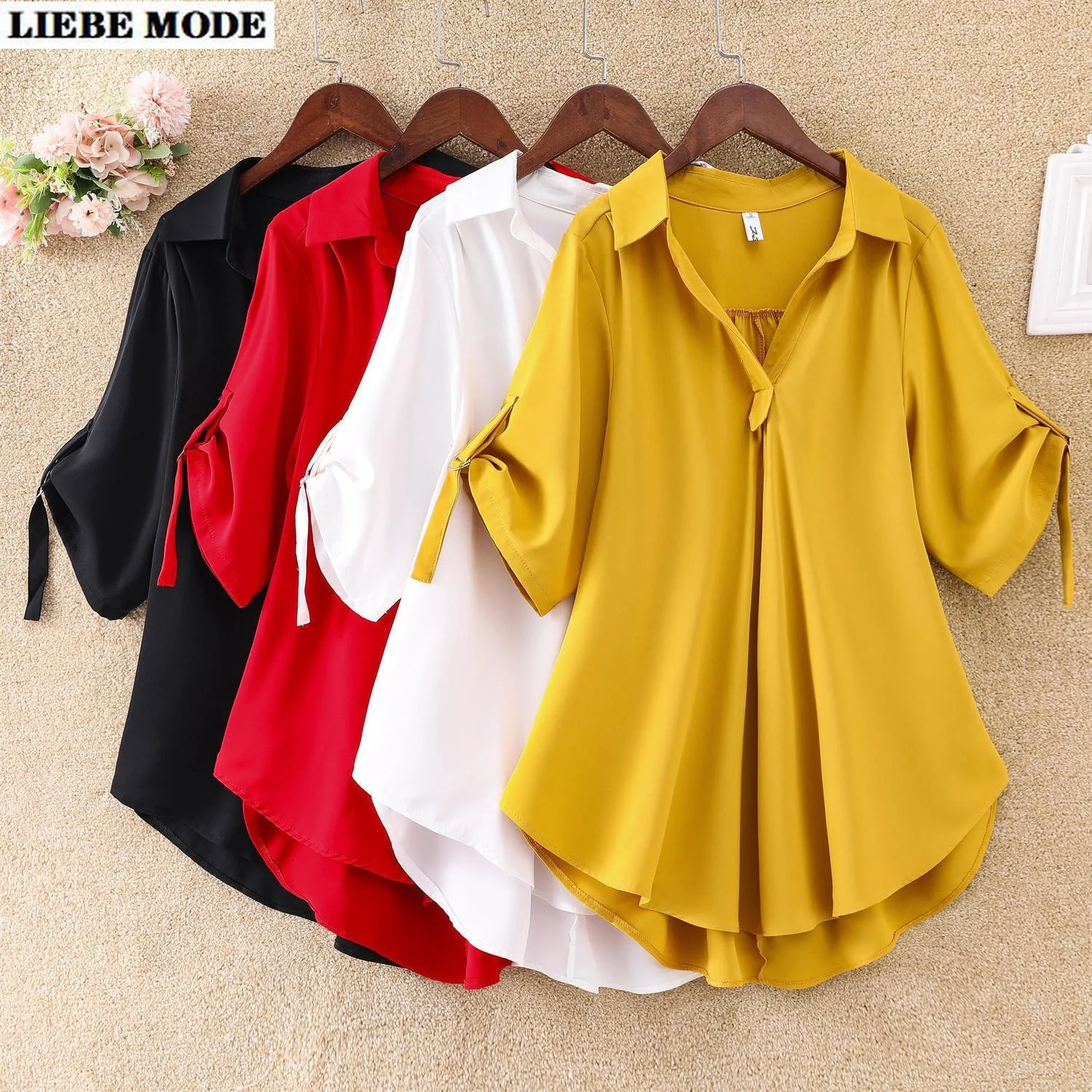 

Irregular Style Summer Short Sleeve Chiffon Blouse for Women Turn Down Collar Loose Shirts Blouses Solid Red Yellow White Black