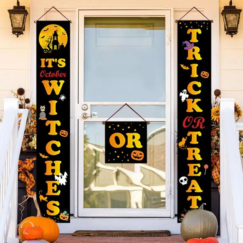 

Декор для двери на Хэллоуин, баннер с изображением тыквы, призрака, черепа, надпись на Хэллоуин, крыльцо, знак на день Хэллоуина, дверные подвесные знаки