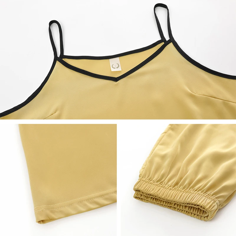 CAIYIER Summer Silk Pajamas Set Pure Color Sleeveless Strap Nightwear Cami Top + Shorts Sexy Lingerie Sleepwear For Women M-4XL