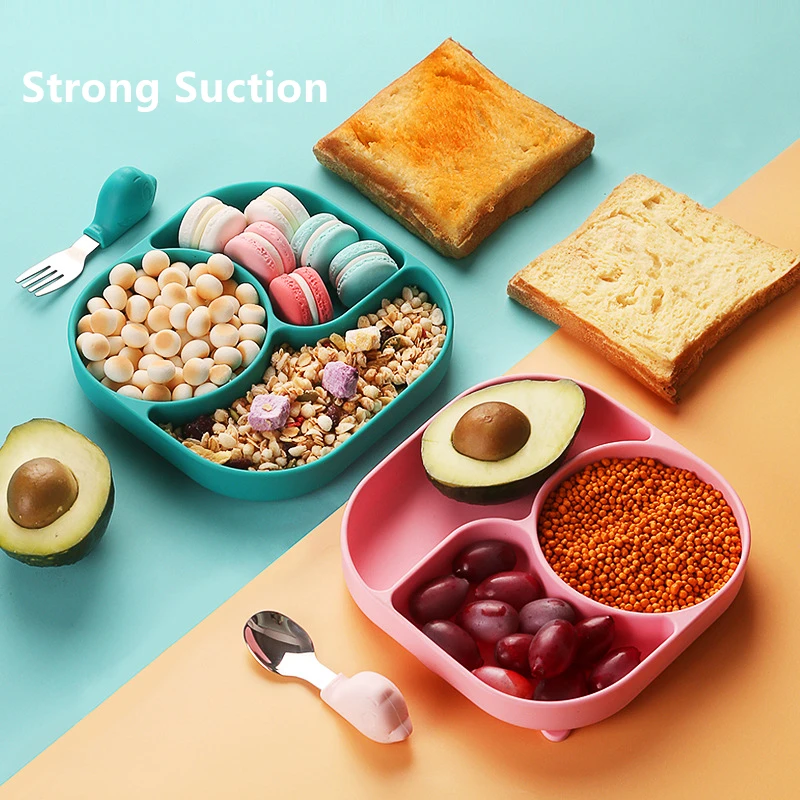 

Baby 3 Grids Bowl Training Spoon Fork Set BPA Free Portable Tableware Plate Kids Children Silicone Suction Feeding Dining Dishes