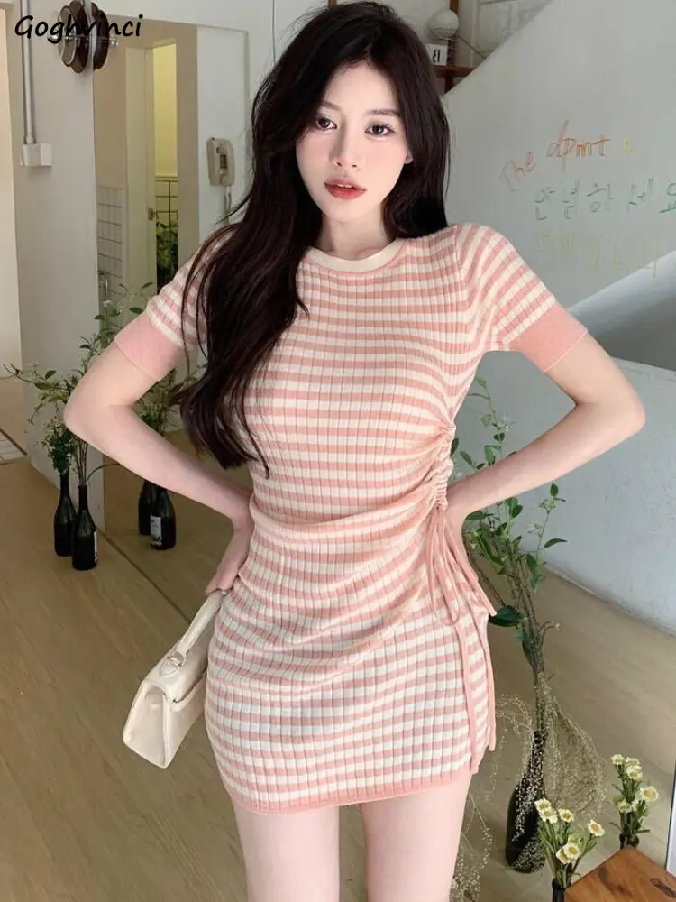 

Striped Mini Dress Women Shirring Aesthetic Knitting Summer Elegant Holiday Fashion Simple Female Streetwear All-match Casual