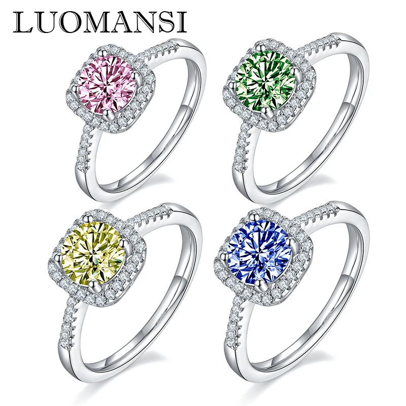 Luomansi 1 Carat Moissanite Classic Ring Green Pink Yellow Blue S925 Silver Ring Diamond Tested Fine Jewelry Wedding Party Gift