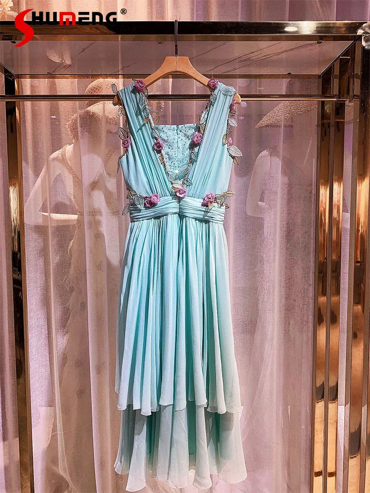 

French Style Fashion Retro3D Flower Suspender Dress Women 2022 Summer New Elegant Sexy Slim Waist Gentle Sweet Embroidery Dress