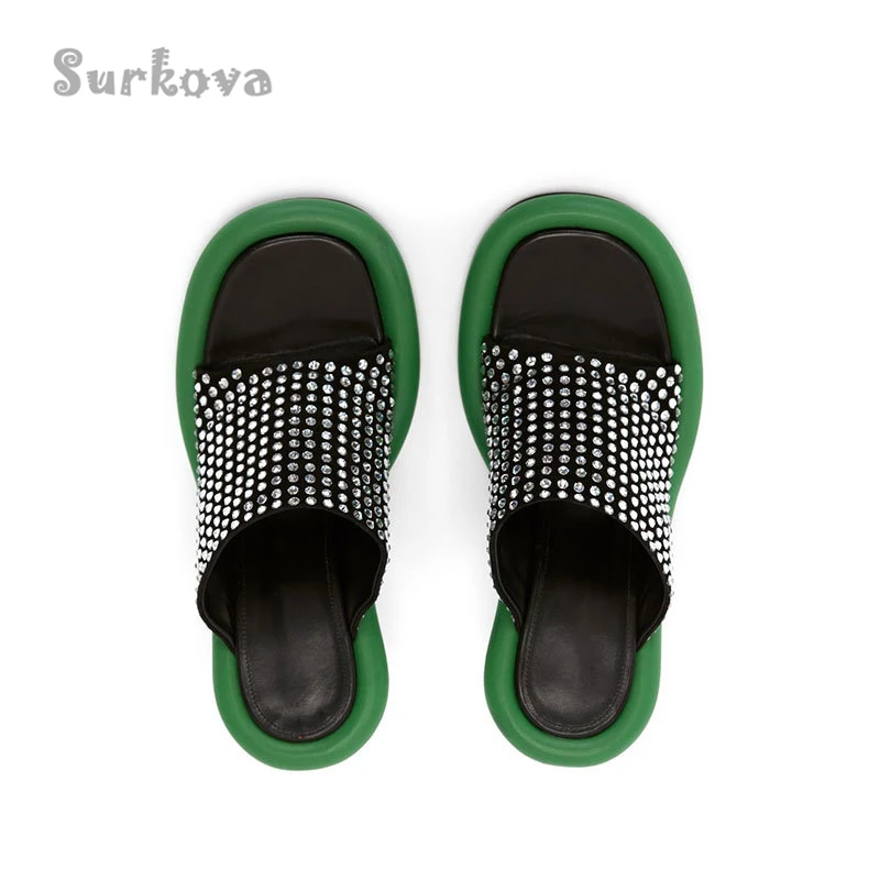 Colorful Round Toe Rhinestone Pumps Women's Sandals and Slippers Thin High Heel Thick Bottom Peep Toe Green Black Concise Shoes