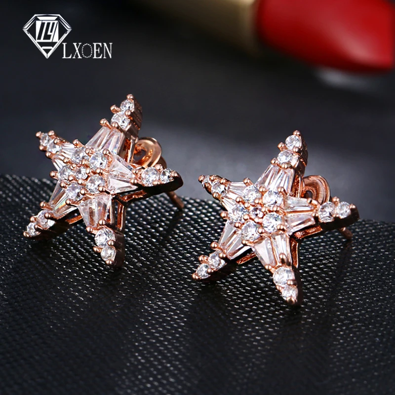 

LXOEN Star Shape Stud Earrings Inlay Cubic Zirconia Studs with White Gold Color Stud Earings for Women Party Jewelry Gift