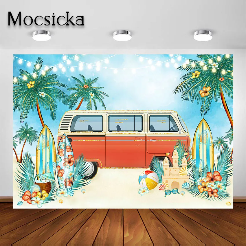 

Mocsicka летний фон для фотосъемки морской песчаный пляж Пальма реквизит доска для серфинга украшения для вечеринки фото фон
