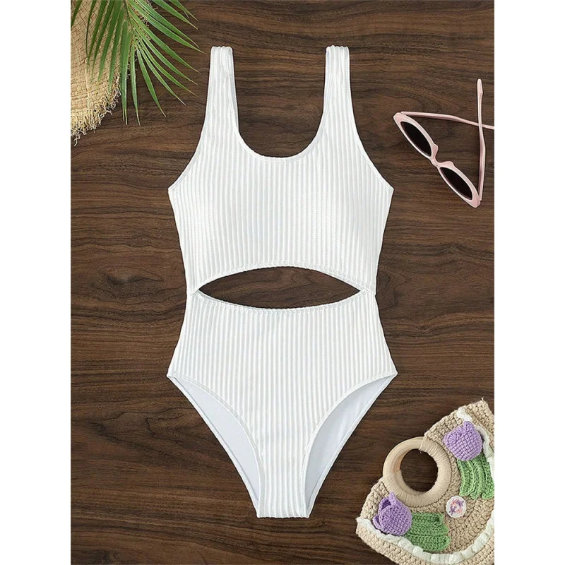 

Новый Привлекательный белый слитный купальник, женский купальник с вырезами, купальный костюм в рубчик, монокини с пуш-ап, пляжный купальный костюм на лето