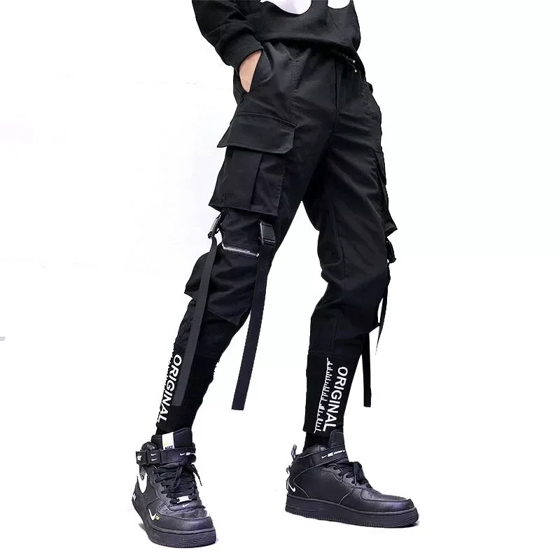 

Hop Men Ribbons Cargo Pants Fashion Harajuku 2022 New Elastic Waist Casual Streetwear Mens Joggers Trousers Black