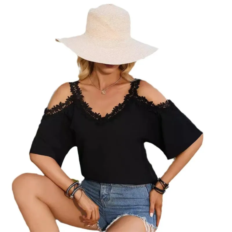 Elegant Women's White Lace Casual Blouse Summer Fashion V-neck Five Quarter Sleeve Sexy Off Shoulder Strap Chiffon Shirt
