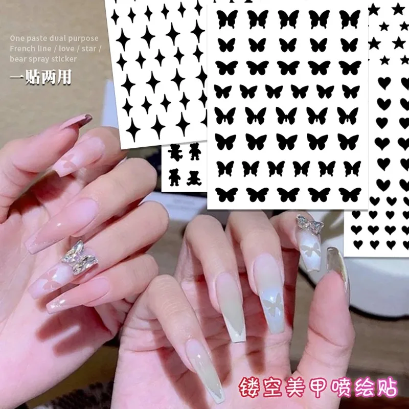 

1pc Hollow Spray Painting Sticker Ultra-Thin Nail Stencil 12 Styles Love/Star/Butterfly/Bear Nail Decal French Template Hot Sale