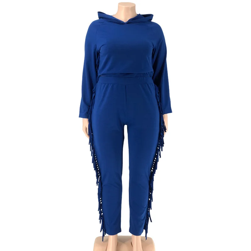 Plus Size Women Fall Clothing Wholesale Hoodie Sweatsuit Solid Long Sleeve Tassel Casual Tracksuit Two Piece 3xl 4xl 5xl 6xl