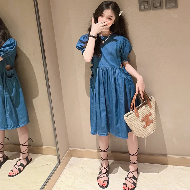 

Girls Denim Dress Summer 2023 New Blue Puff Sleeve Openwork Princess Dresses for Kids 12 13 Years School Teens Children Costume