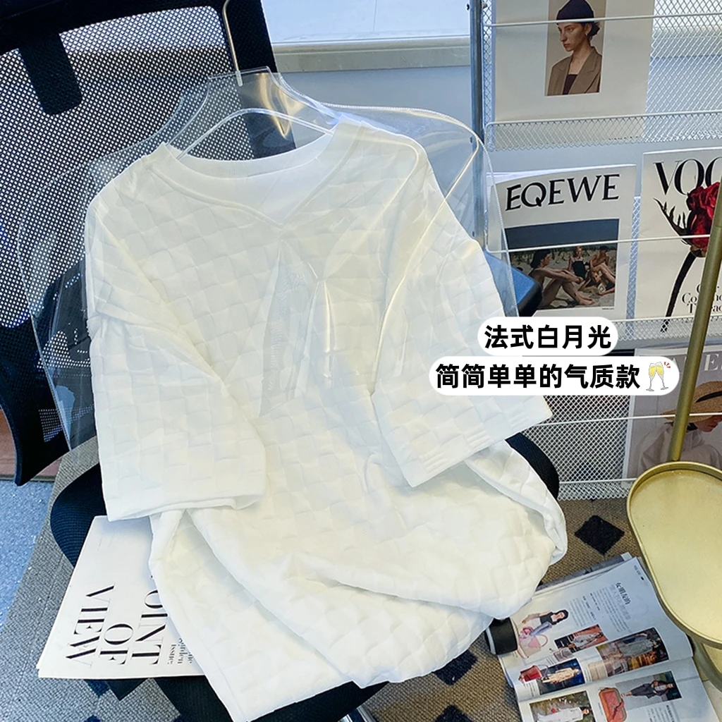 

Autumn Waffle Thickened Short-sleeved T-shirt Women's Plaid Half-sleeved Loose V-neck Tshirts Solid Color Women White Tees