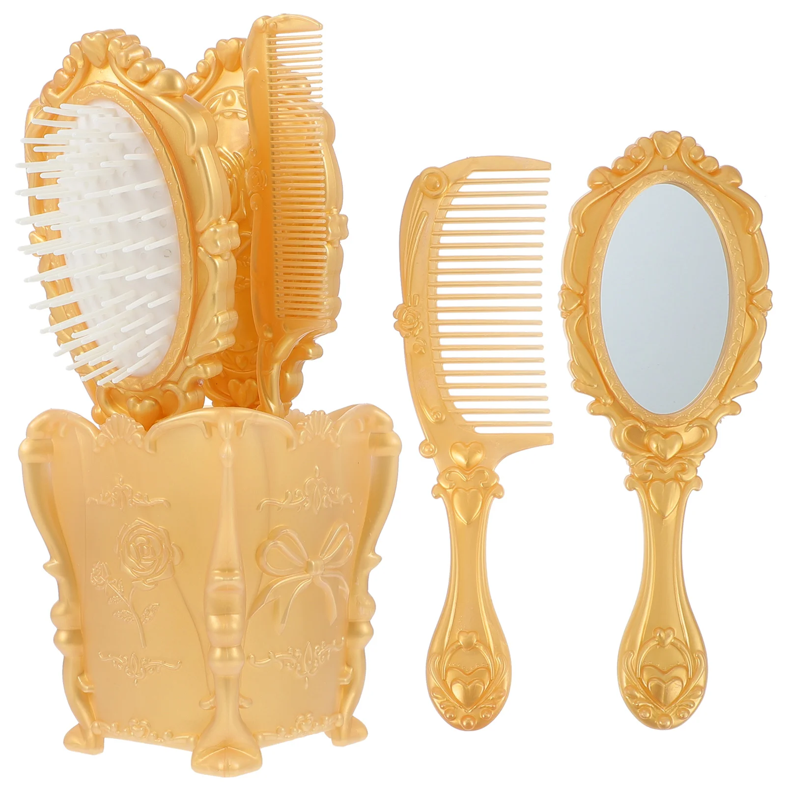 Comb Mirror Hair Brush Set Vintage Hand Detangling Vanity Handle Holder Brushes Makeup Handheld Travel Wide Tooth Hairbrush