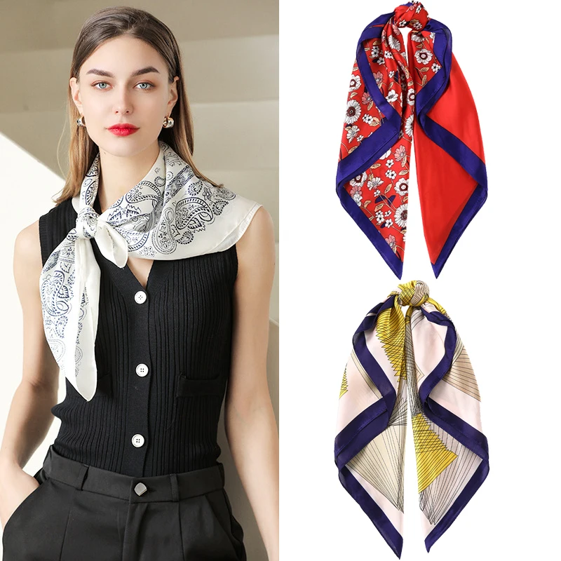 

AWAYTR 70*70cm Fashion Square Silk Satin Hair Scarf Women Handkerchief Printed Female Small Neck muffler hijab Hair Accessories