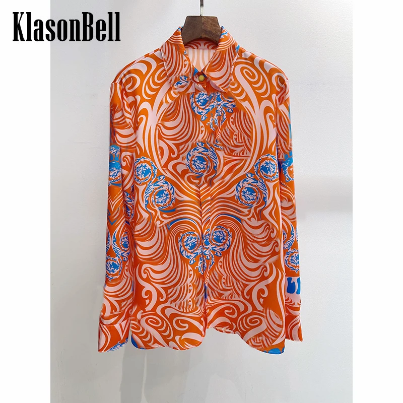 

3,4 KlasonBell винтажная модная Скрытая двубортная Свободная рубашка с длинным рукавом и принтом женская блузка