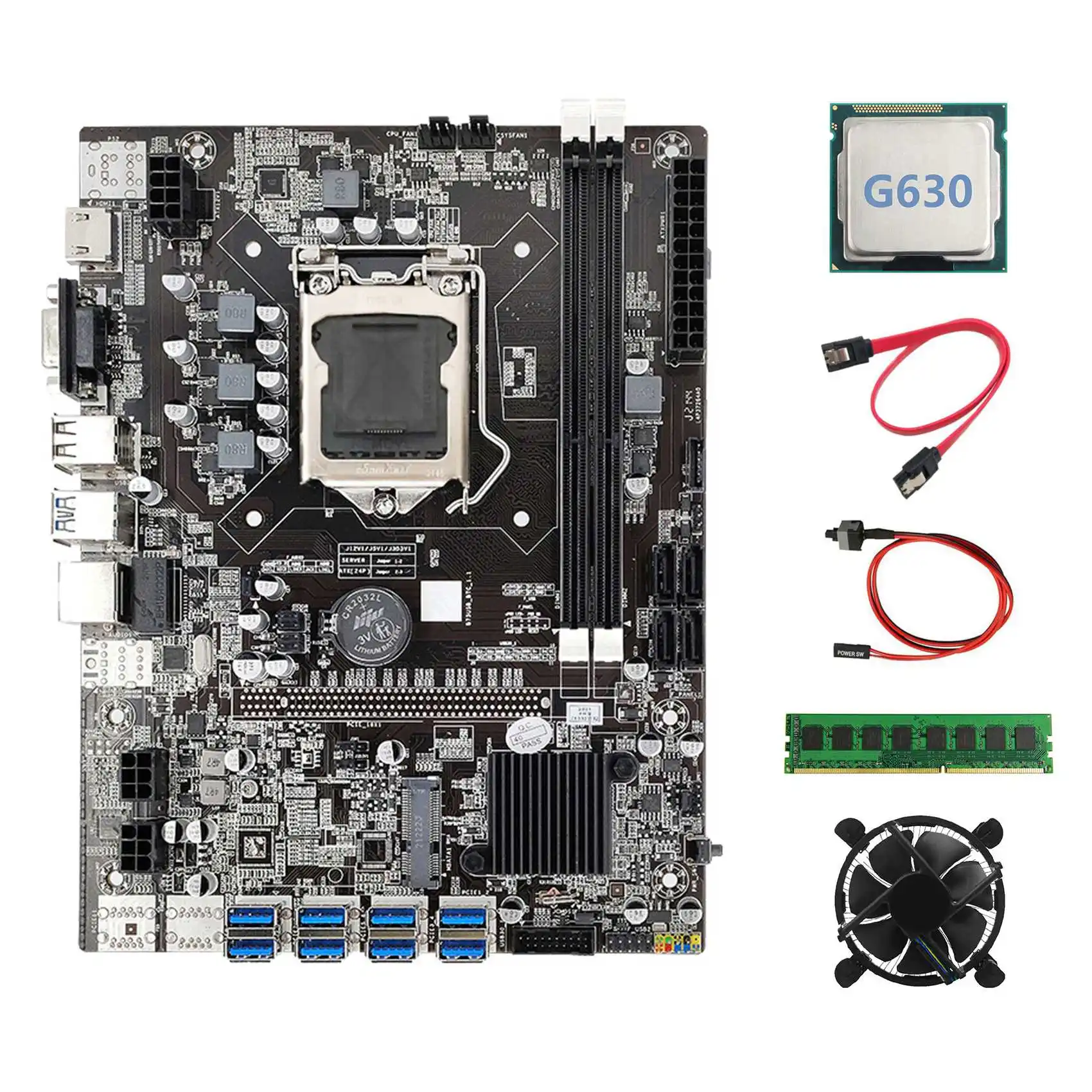 

Материнская плата B75 для майнинга, 8xpcie на USB3.0 + G630 CPU + Fan + DDR3 4 Гб 1600 МГц RAM + 128G SSD + SATA кабель + кабель переключателя