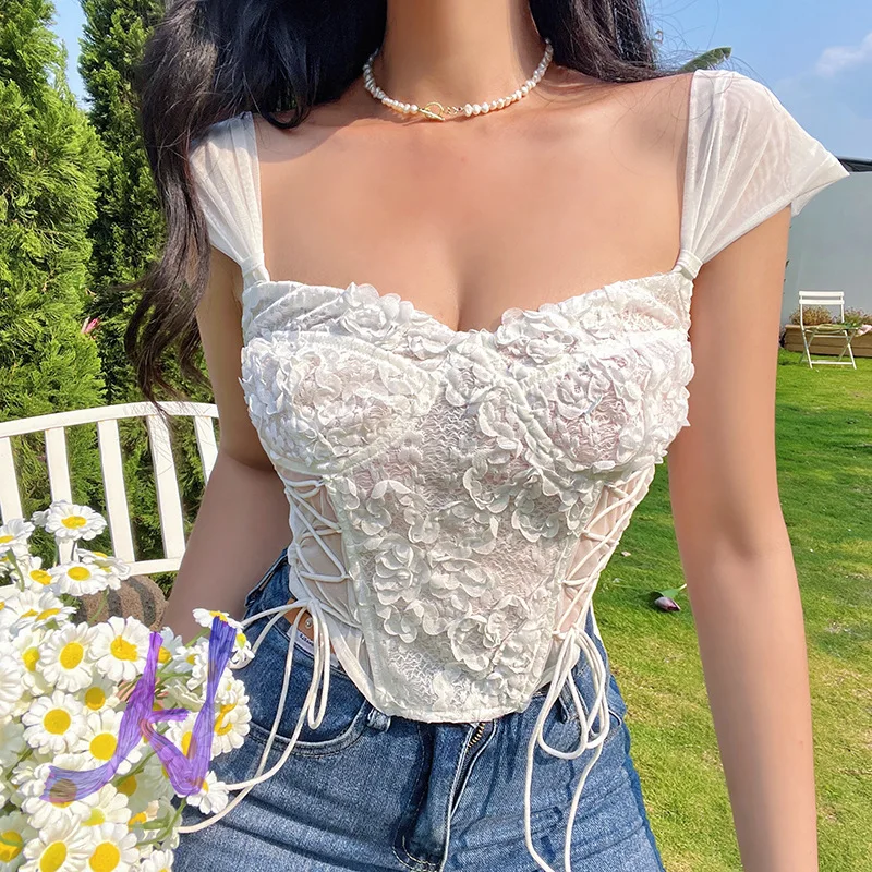 

Summer New White Lace Pattern Fashion Women's Lace Up Top