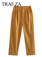 traf za womens commuter fashion ginger yellow trousers casual simple all match streetwear straight nine point pants daily wear