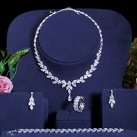 amc luxury brilliant leaves water drop zircon necklace earring ring brecelet set bridal wedding party jewelry sets for women