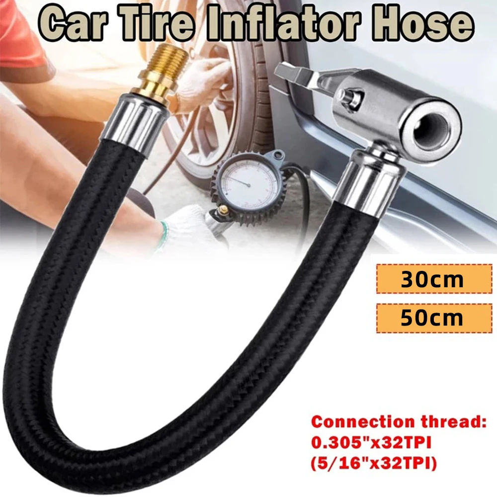 

30/50cm Tire Inflator Hose Adapter with Rubber Hose Standard Tire Valve Fine Thread for Twist On Convert to Lock On Connection