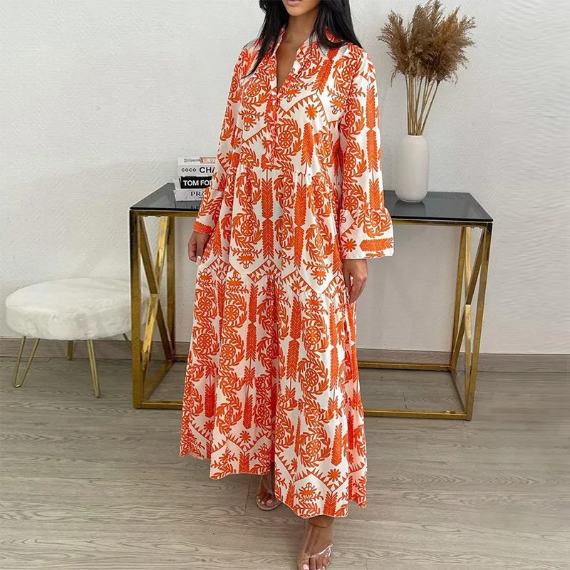 

Casual Vintage Dresses Women's 2022 Autumn Europe America Fashion Women's Clothing V-Neck Lapel Long-Sleeved Printed Loose Dress