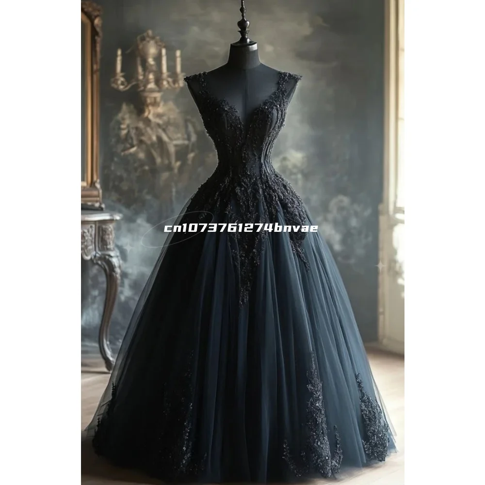 Готическое черное свадебное платье без рукавов с v-образным вырезом длинное