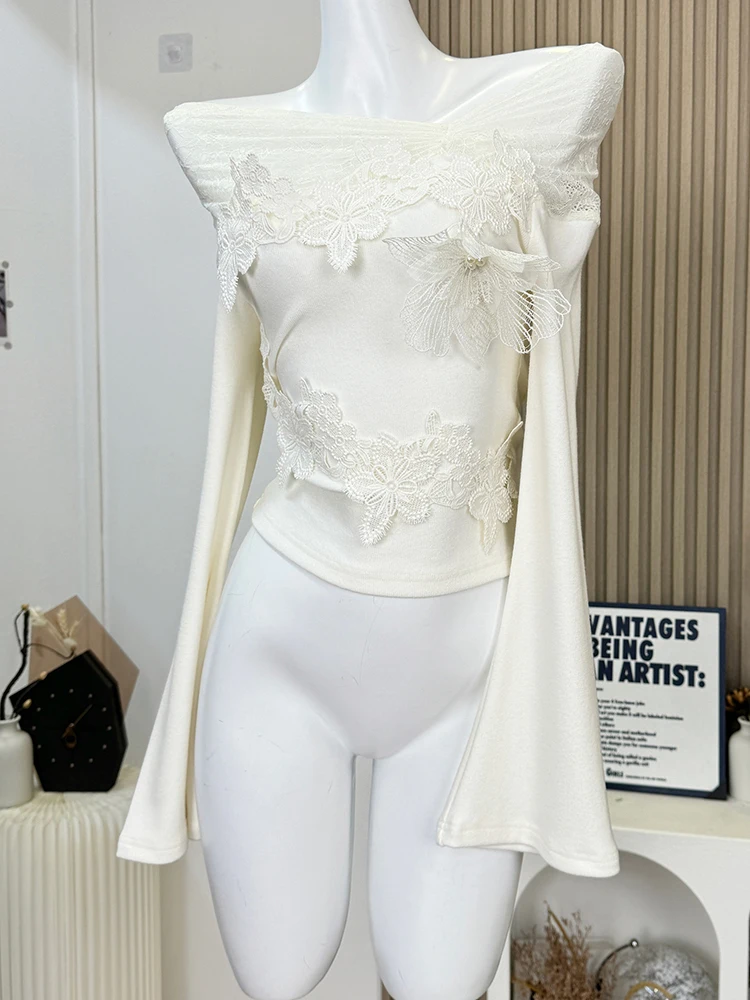 Осень-зима женская французская винтажная футболка Shoujo Girl кружевной укороченный