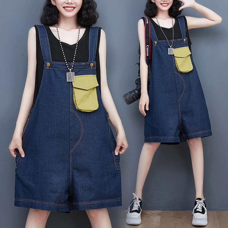 Casual Streetwear Denim Overalls For Shorts Women Vintage Loose Wide Leg Short Jumpsuits Suspender Playsuits Blue Jean Bib Pants