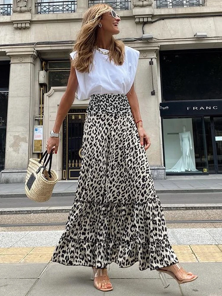 Женская длинная юбка с широкой эластичной талией и леопардовым принтом