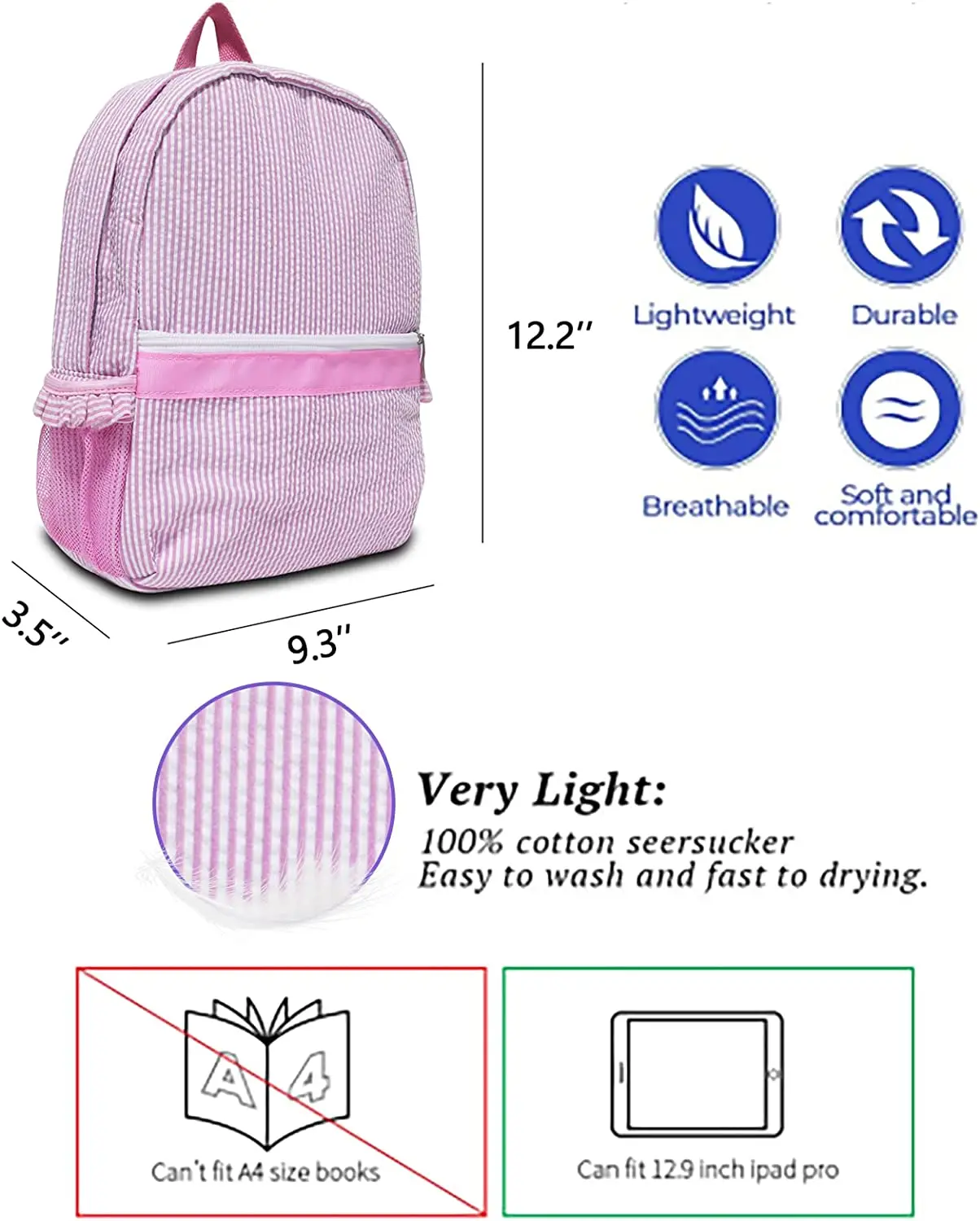 Chrilden Ruffle Seersucker Backpacks Pink/Purple Ruched Kids Schoolbag Light Soft Personalized For School Bags Travel Weekend