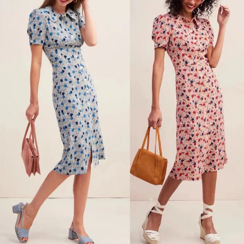 

French Retro Pink Blue Print Doll Collar Midi Dress Women's Fashion High Waist Slim Single Breasted Robes Summer 2022