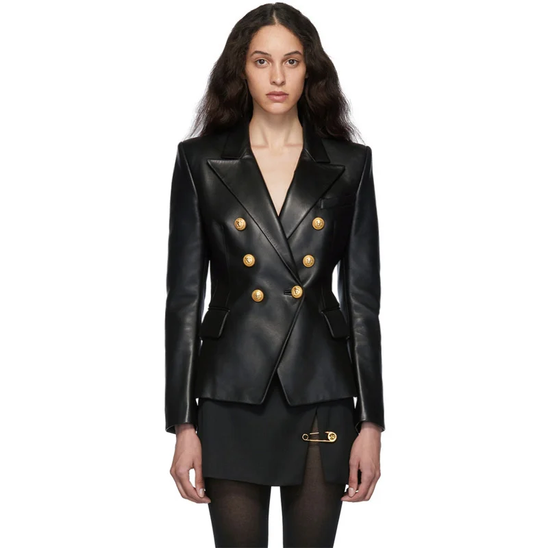 

Real Leather Jacket Women Genuine Leather Blazer Outerwear Black Sheppskin Elegant Double Breasted Soft Coat Jaqueta Feminina