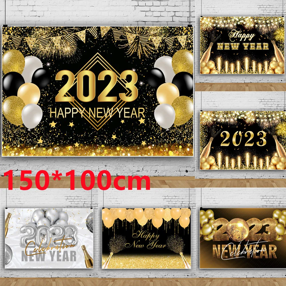 

Happy New Year 2023 Backdrop Banner Large Black Gold Balloon Star Poster Booth Backdrop Photo Background Wall Party Decoration