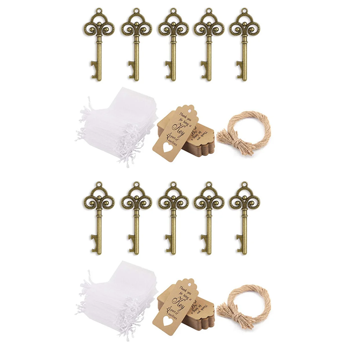 

100Pcs Rustic Vintage Skeleton Key Bottle Opener with Tag Cards Sheer Bag for Guests Wedding Party Favors Souvenir Gifts