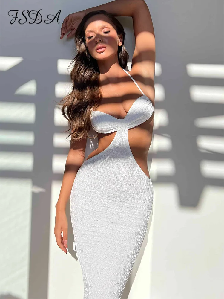 FSDA Green Maxi Beach Women Dress Bodycon Halter Neck 2022 Y2K Sexy Hollow Out Summer Backless Party Dresses Club Sleeveless