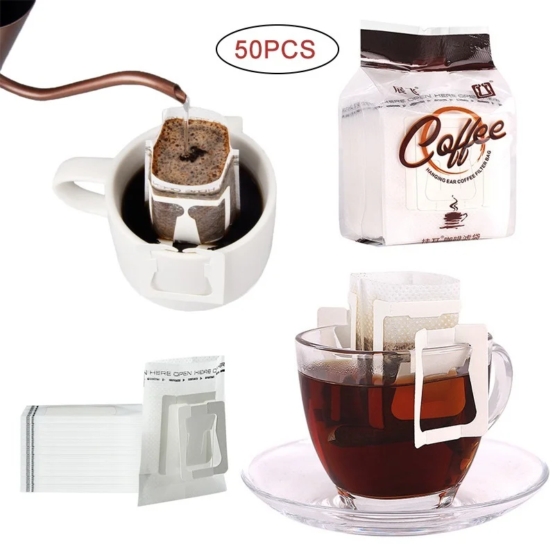 

50Pcs/Pack Disposable Coffee Fliter Bags Portable Hanging Ear Style Coffee Filters Eco-Friendly Paper Bag for Espresso Coffee