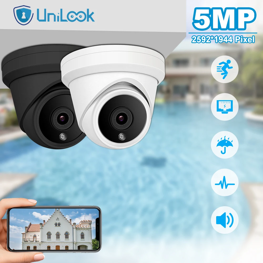 UniLook-cámara IP POE de 5MP para exteriores, videocámara CCTV de seguridad con micrófono incorporado, IP66, visión nocturna, 30m, H.265, Hikvision, Compatible con P2P