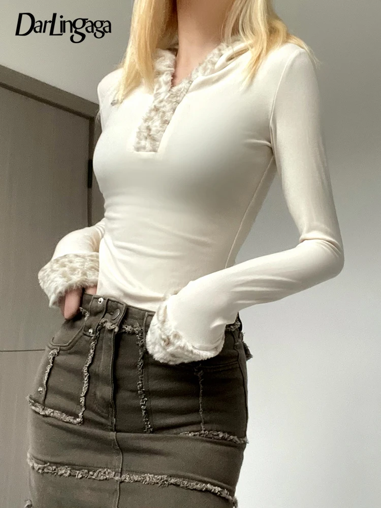 

Darlingaga Fashion Elegant Furry Leopard Fur Trim Autumn Winter Bodysuit Tops Hooded Chic Vintage Women Bodies Skinny Jumpsuits