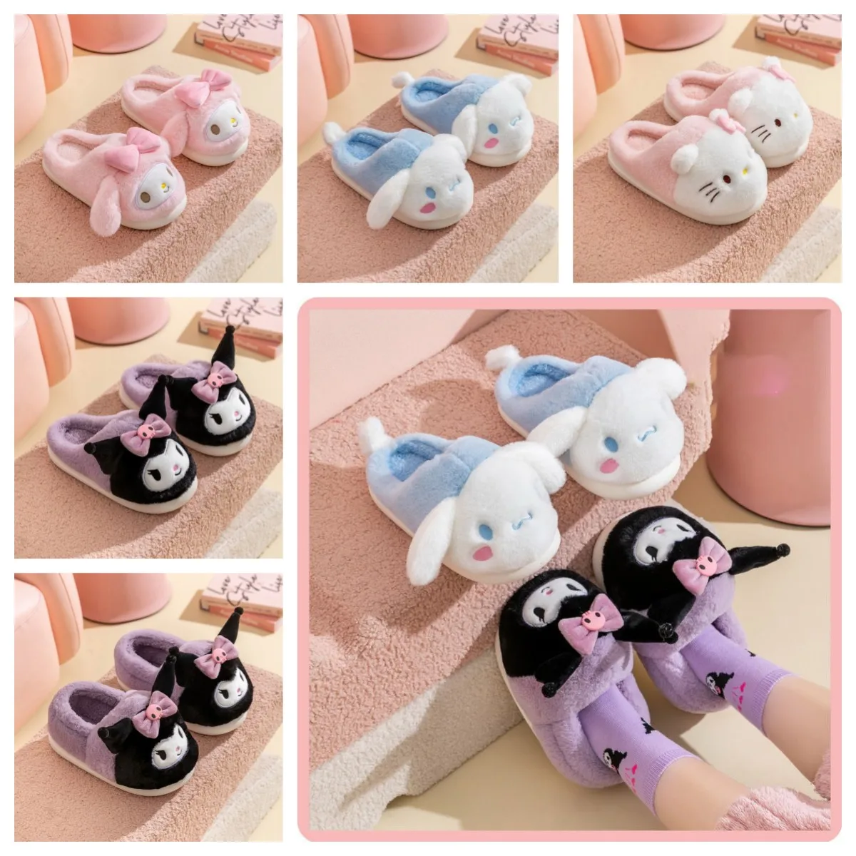 

Sanrios Kuromi Cinnamoroll My Melody Hellokittys Cotton Slippers Autumn Winter Girl Home Furnishings Antiskid Parent-child Shoes